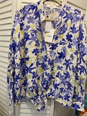 CeCe Women’s Plus Floral “LongSleeve Tie Hem ButtonUp Blouse” Size 1X Purple NWT